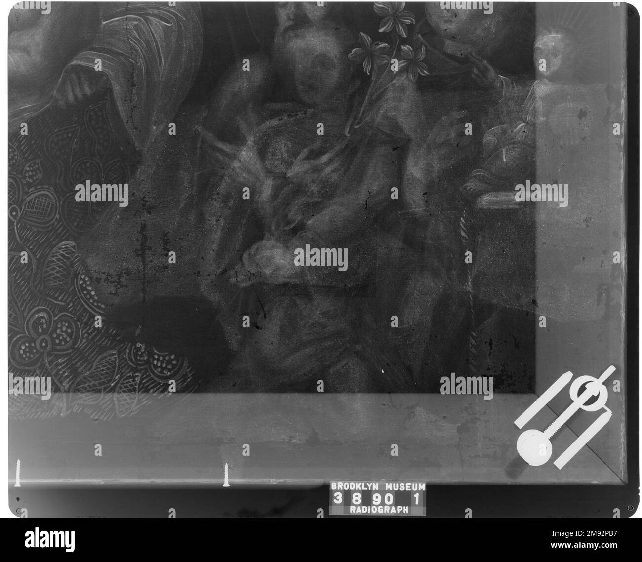 La Vierge de la Miséricorde avec le cercle des trois Saints de Mauricio García. La Vierge de la Miséricorde avec trois saints, au milieu du 18th siècle. Huile sur toile, 37 5/8 x 26 5/8 in. (95,6 x 67,6 cm). L'art européen au milieu du 18th siècle Banque D'Images