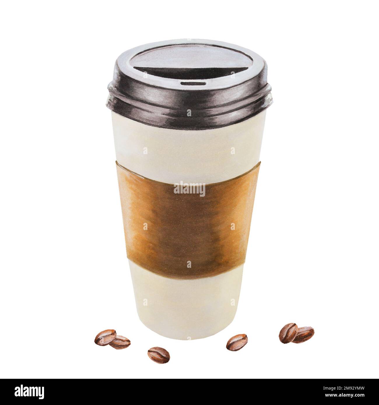 Illustration d'une tasse à café en papier aquarelle avec couvercle. Peinture à la main Prenez le café avec des bens sur un fond blanc isolé. Pour les concepteurs, le menu, la boutique Banque D'Images