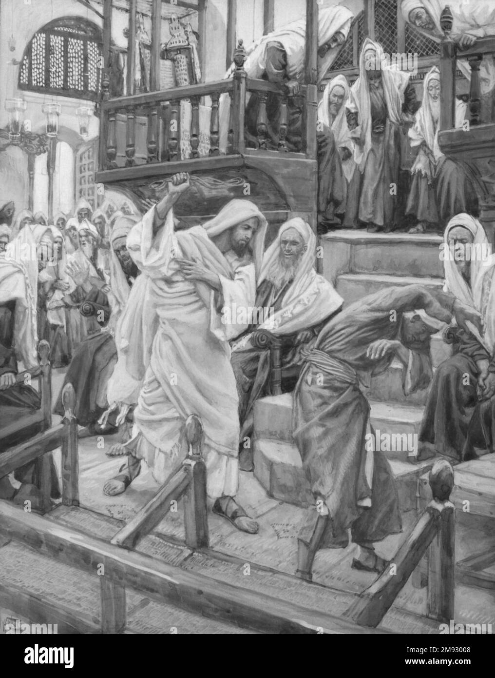 Jésus chase un homme possédé de la Synagogue (Jésus chasse un possédé de la synagogue) James Tissot (français, 1836-1902). Jésus chase un homme possédé de la Synagogue (Jésus chasse un possédé de la synagogue), 1886-1896. Aquarelle opaque sur graphite sur papier vélin gris, image : 9 3/16 x 7 1/8 po. (23,3 x 18,1 cm). Art européen 1886-1896 Banque D'Images