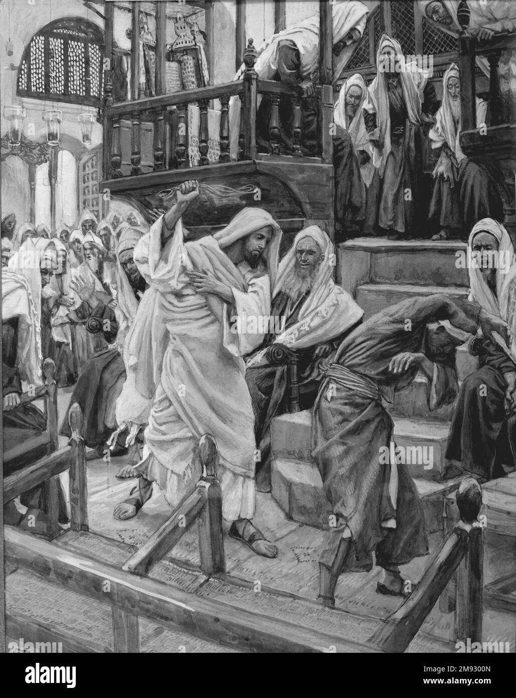 Jésus chase un homme possédé de la Synagogue (Jésus chasse un possédé de la synagogue) James Tissot (français, 1836-1902). Jésus chase un homme possédé de la Synagogue (Jésus chasse un possédé de la synagogue), 1886-1896. Aquarelle opaque sur graphite sur papier vélin gris, image : 9 3/16 x 7 1/8 po. (23,3 x 18,1 cm). Art européen 1886-1896 Banque D'Images