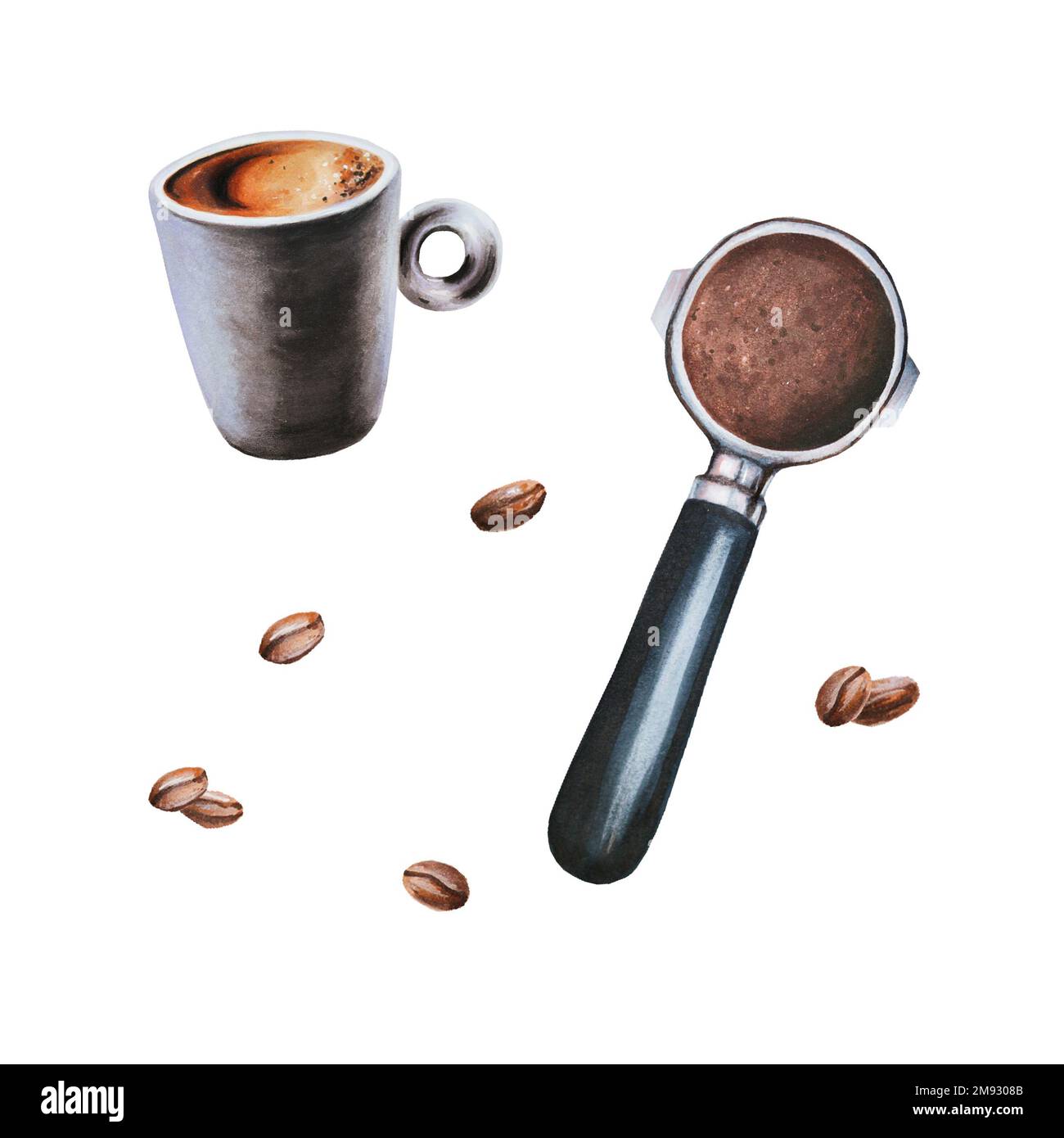 Illustration d'une corne de café aquarelle avec des grains de café et une tasse d'espresso. Peinture à la main sur un fond blanc isolé. Pour les concepteurs, le menu, la boutique Banque D'Images