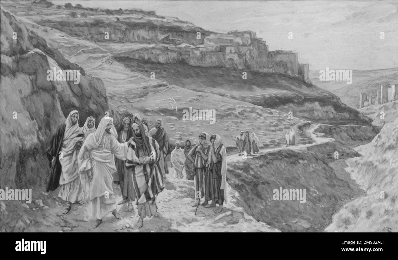 Jésus disforme avec ses disciples (Jésus s'ayant pris part avec ses disciples) James Tissot (français, 1836-1902). Jésus se disforme avec ses disciples (Jésus s'enretraité avec ses disciples), 1886-1896. Aquarelle opaque sur graphite sur papier vélin gris, image : 6 13/16 x 11 11/16 po. (17,3 x 29,7 cm). Art européen 1886-1896 Banque D'Images