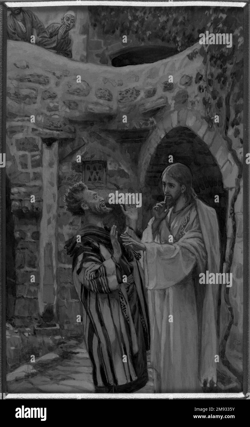 Jésus guérit un homme en possession de muet (Jésus-guérit un possédé muet) James Tissot (français, 1836-1902). Jésus guérit un homme en possession de muet (Jésus-guérit un possédé muet), 1886-1896. Aquarelle opaque sur graphite sur papier vélin gris, image : 9 13/16 x 6 3/16 po. (24,9 x 15,7 cm). Art européen 1886-1896 Banque D'Images