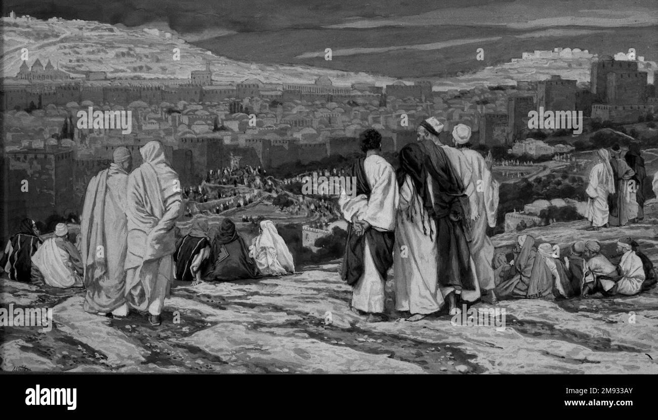 Les disciples ayant quitté leur Hiding place Watch d'Afar à Agony (les disciples ayant quitté leur assistant de chemin au supplice) James Tissot (français, 1836-1902). Les disciples ayant quitté leur Hiding place Watch d'Afar à Agony (les disciples ayant quitté leur assistant de chemin au supplice), 1886-1894. Aquarelle opaque sur graphite sur papier vélin gris, image : 5 1/16 x 8 3/4 po. (12,9 x 22,2 cm). Art européen 1886-1894 Banque D'Images