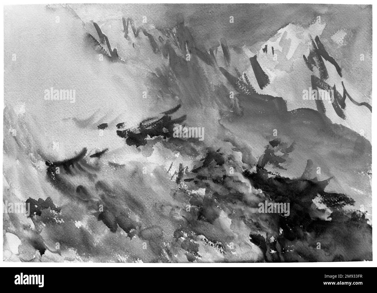 Mountain Fire John Singer Sargent (américain, né en Italie, 1856-1925). Mountain Fire, env. 1906-1907. Aquarelle opaque et translucide, 14 1/16 x 20in. (35,7 x 50,8cm). Bien que Mountain Fire présente une vue panoramique sur les Alpes, l’attention portée par Sargent aux effets enveloppants de la fumée et de la vapeur en fait l’une de ses aquarelles les plus abstraites. Grâce à ces travaux, il a clairement fait signe d’adieu à la tradition britannique de l’aquarelle, comme l’illustrent les sujets alpins de Joseph Malbord William Turner datant d’un siècle auparavant, dans lesquels des perspectives profondes étaient articulées avec des lavages transparents. Le Sargent évoquait les dens Banque D'Images