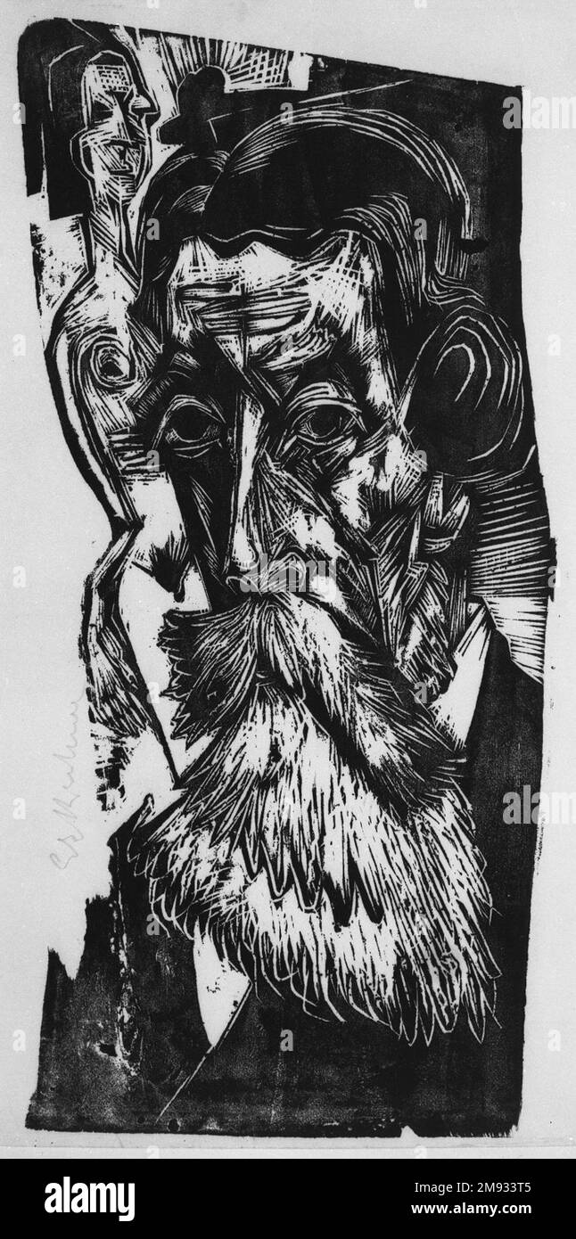 Portrait de Ludwig Schames (Kopf Ludwig Schames) Ernst Ludwig Kirchner (allemand, 1880-1938). Portrait de Ludwig Schames (Kopf Ludwig Schames), 1918. Coupe de bois sur papier vélin, image (irrégulière) : 22 1/4 x 10 po. (56,5 x 25,4 cm). Art européen 1918 Banque D'Images