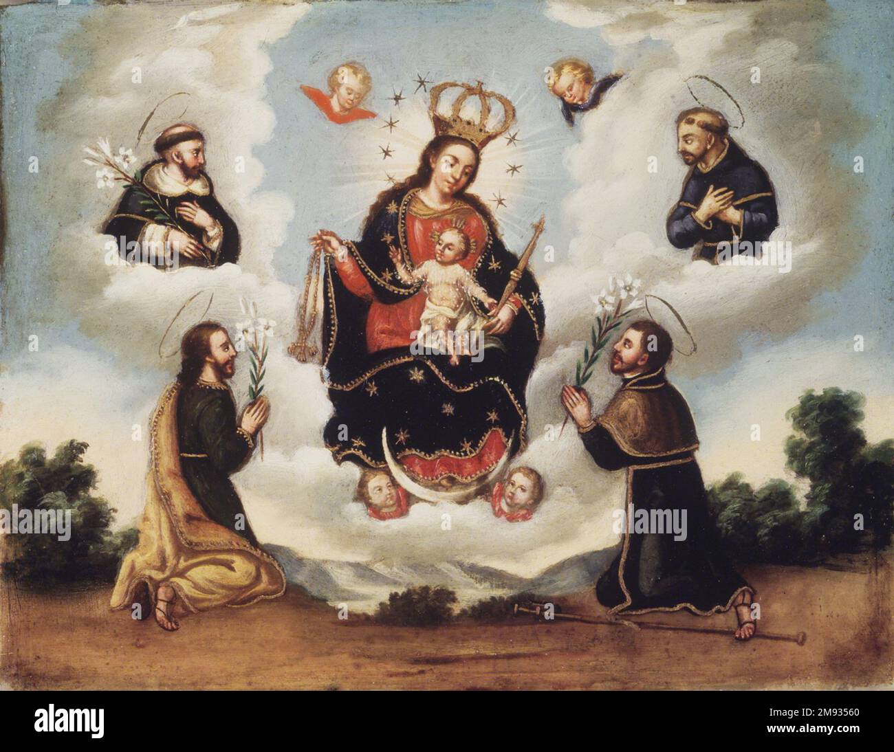 Notre Dame du Rosaire avec les saints mexicains. Notre-Dame du Rosaire aux Saints, 18th siècle. Huile sur pierre (tecali), 11 1/4 x 14 7/16 x 3/4 po. (28,6 x 36,7 x 1,9 cm). Art européen 18th siècle Banque D'Images