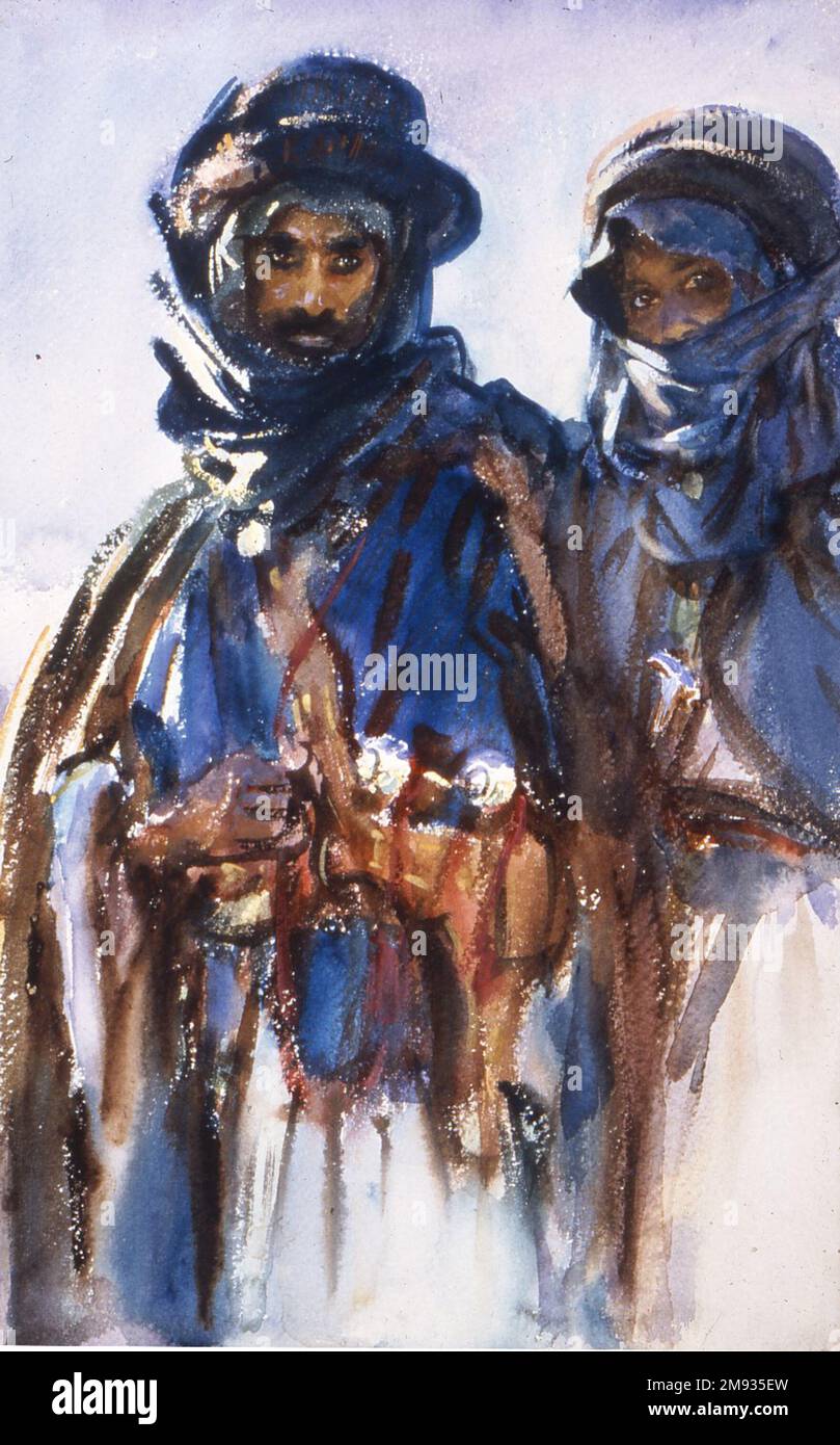 Bédouins John Singer Sargent (américain, né en Italie, 1856-1925). Bédouins, 1905-1906. Aquarelle opaque et translucide, 18 x 12in. (45,7 x 30,5cm). Sargent a considéré ce portrait puissant de deux hommes comme le travail principal de ses aquarelles bédouines. Ses premiers critiques ont pris note de la force expressive des visages soigneusement délimités, mis en avant par le jeu des points saillants sur les bleus saturés du kaffiyeh (foulards de tête). Sargent a par ailleurs décrit les chiffres, y compris des détails tels que le khanjar incurvé (daggers) dans la ceinture de la figure principale, avec la manipulation large et expressive de ce char Banque D'Images