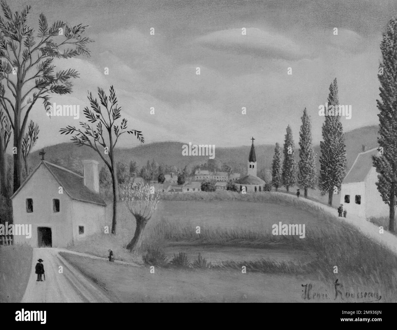 Village Paysage avec les figures Henri Rousseau (le Douanier) (français, 1844-1910). Paysage de village avec des figures, ca. 1895-1910. Huile sur papier, 9 15/16 x 13 1/8 po. (25,2 x 33,3 cm). Art européen ca. 1895-1910 Banque D'Images