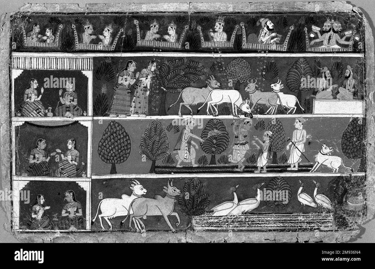 Page d'un Indien de la série de Bhagavata Purana dispersée. Page d'une série de Bhagavata Purana dispersée, ca. 1680. Aquarelle opaque sur papier, 9 1/8 x 14 po. (23,2 x 35,6 cm). Comme le tableau ci-contre, cette page illustre les débuts de la vie du dieu Krishna dans la campagne idyllique. Ici, nous voyons les effets du jeu de flûte enchanteur de Krishna. Un texte d'accompagnement se lit comme suit : ".. Dans les cieux, les dieux écoutent sa musique; sur terre, les ascétiques qui offrent l'adoration écoutent aussi. Les femmes engagées dans une conversation décontractée, mêlées de rire, oublient tout et sont gelées comme une image peinte. . » Le Banque D'Images