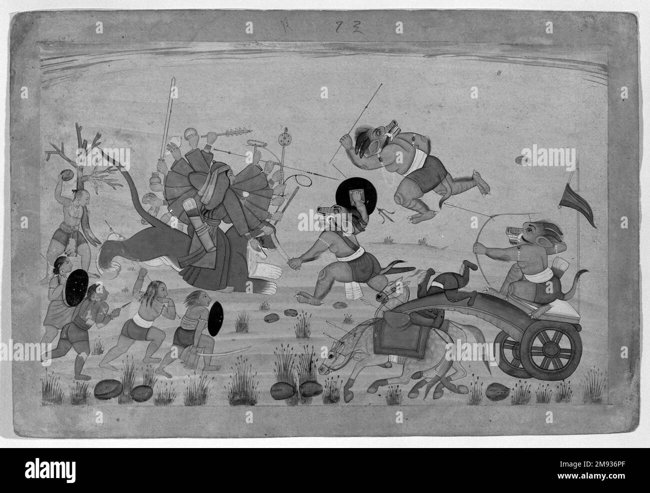 Mahasura attaque le Devi, Folio d'un Devi Mahatmya Series Indien dispersé. Mahasura attaque le Devi, Folio d'une série dispersée de Mahatmya Devi, ca. 1770-1780. Aquarelle opaque sur papier, feuille : 7 7/8 x 11 5/8 po. (20,0 x 29,5 cm). Cette peinture provient d'une série illustrant le Devi Mahatmya, un texte célébrant les oeuvres de la déesse Durga. Dans la tradition hindoue, les plus grandes divinités guerrières sont des déesses. Certaines des déesses guerrières sont belles, d'autres sont hideuses et effrayantes, mais toutes sont très fortes et célibataire. La déesse Durga a été créée spécifiquement pour les purpos Banque D'Images