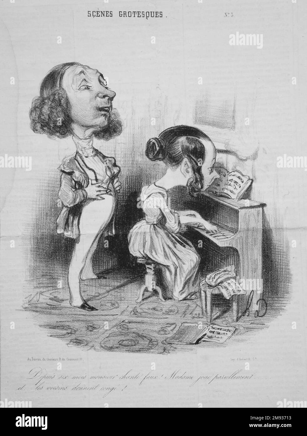 Monsieur a chanté hors de Tune depuis six mois...(depuis six mois monsieur chant fausse!...) Honoré Daumier (français, 1808-1879). , 24 juillet 1839. Lithographie sur papier journal, 11 3/16 x 8 7/16 po. (28,4 x 21,4 cm). 24 juillet 1839 européen d'art Banque D'Images