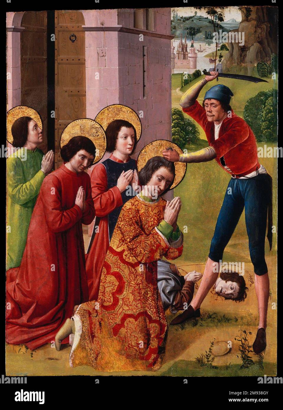 Martyre des saints Cosmas et Damian avec leurs trois frères, faisant partie d'un retable de la France du Nord. Martyre des saints Cosmas et Damian avec leurs trois frères, partie d'un retable, 1480s ou 1490s. Huile sur panneau, 36 3/8 x 27 in. (92,4 x 68,6 cm). Art européen 1480s ou 1490s Banque D'Images