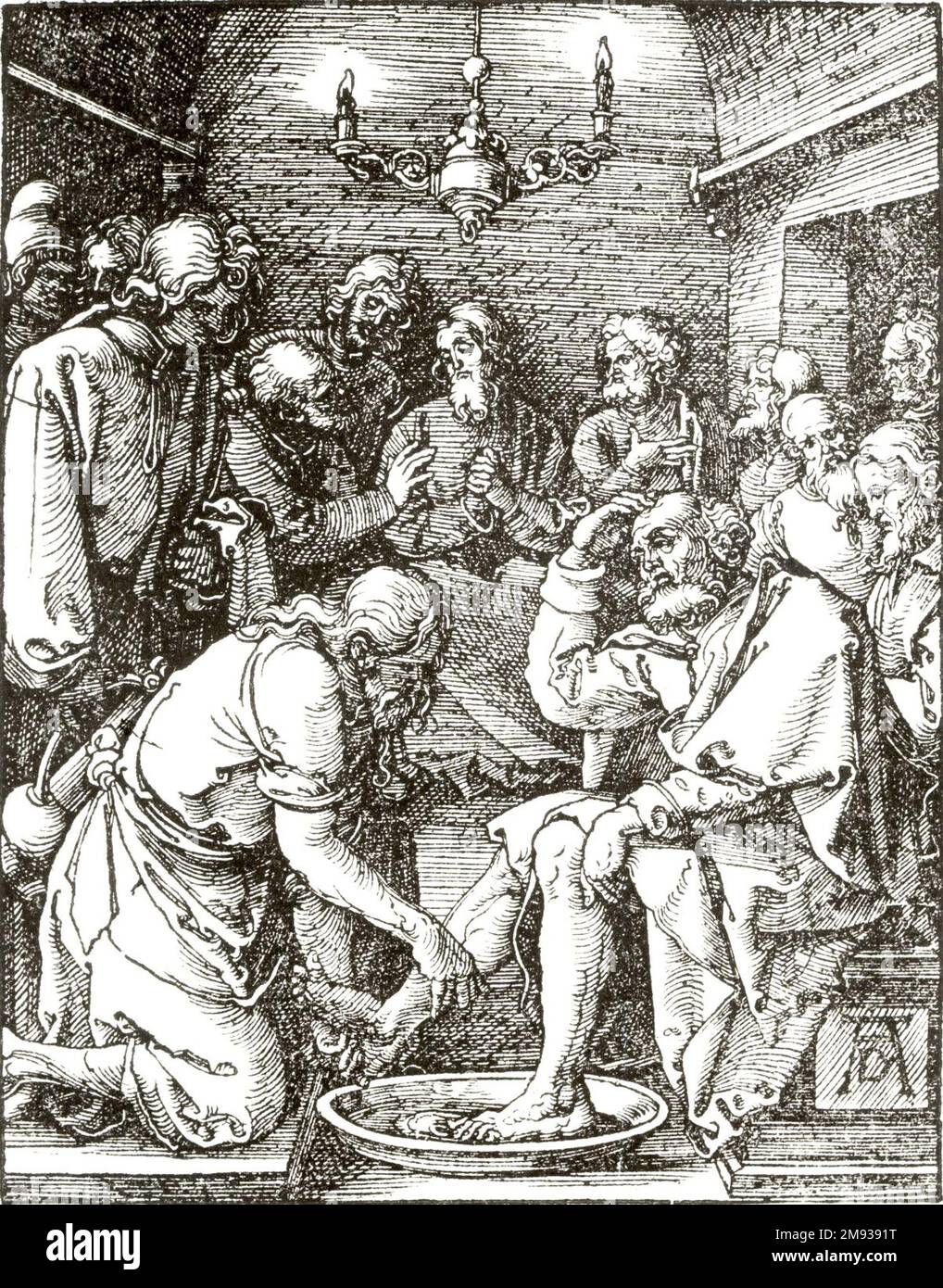 Christ lavant les pieds des disciples Albrecht Dürer (allemand, 1471-1528). Christ Washing the feet of the disciples, 1509-1511; édition de 1511. Coupe de bois sur papier couté, image: 4 15/16 x 3 7/8 po. (12,5 x 9,8 cm). Art européen 1509-1511; édition de 1511 Banque D'Images