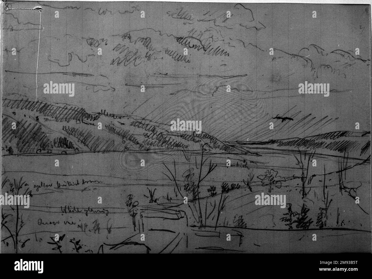 Paysage (avec montagnes et lac) Louis Michel Eilshemius (américain, 1864-1942). Paysage (avec montagnes et lac), s.d. Graphite sur papier ligné, feuille : 5 1/16 x 7 5/16 po. (12,9 x 18,6 cm). Art américain n.d. Banque D'Images