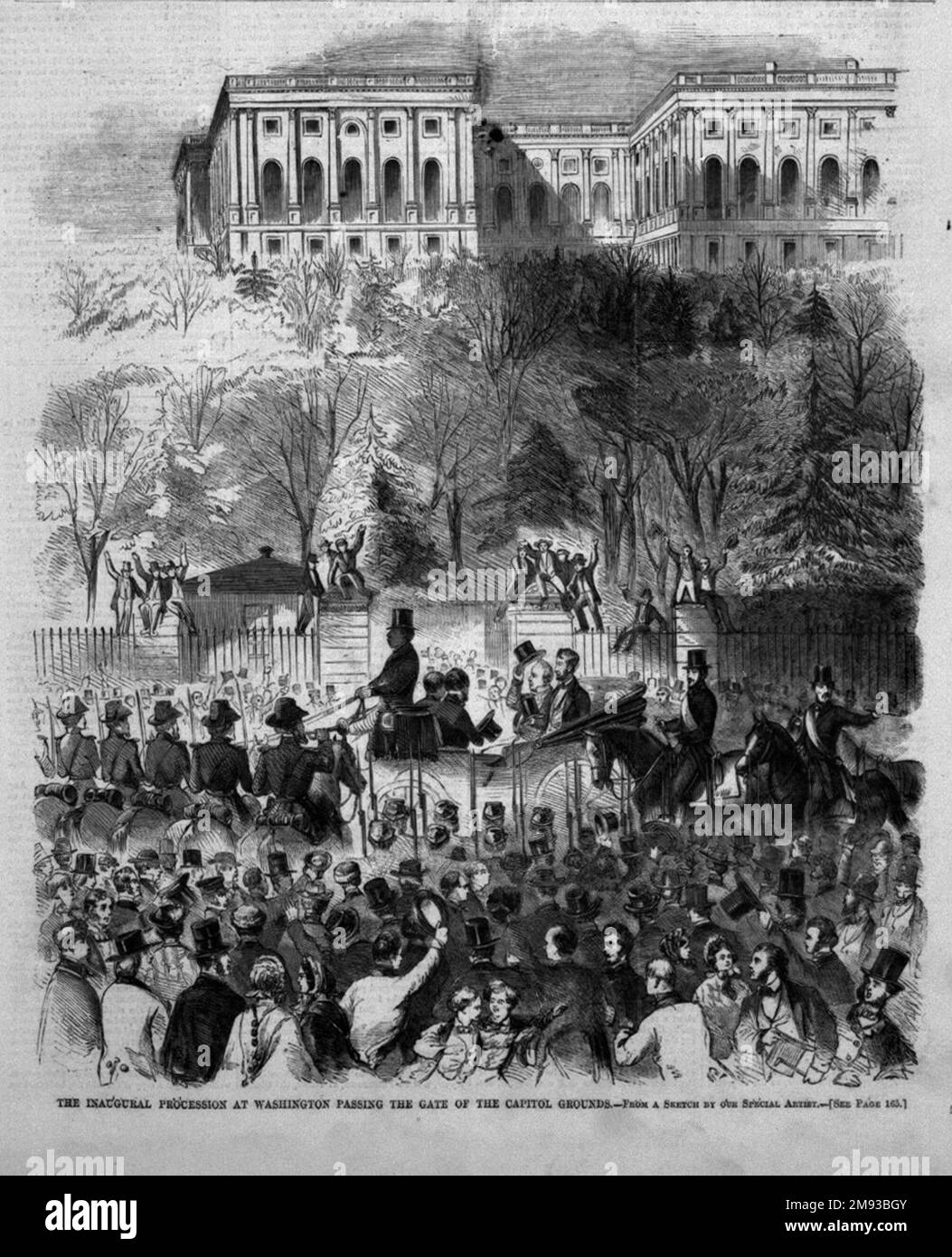 La procession inaugurale à Washington passant la porte du parc du Capitole Winslow Homer (américain, 1836-1910). La procession inaugurale à Washington passant par la porte du Capitole, 1861. Gravure en bois, image : 11 x 9 1/8 po. (27,9 x 23,2 cm). Abraham Lincoln a été inauguré sur 4 mars 1861. Le cortège, qui devait commencer à 9 heures du matin, ne s’est pas lancé plus tard parce que, comme l’indique l’article de Harper, le président Buchanan était « toujours au Sénat au Capitole pour signer des projets de loi. Ce n'est pas jusqu'à dix minutes après douze qu'il a quitté le Capitole. [Il] se rend à [Hote] de Willard Banque D'Images