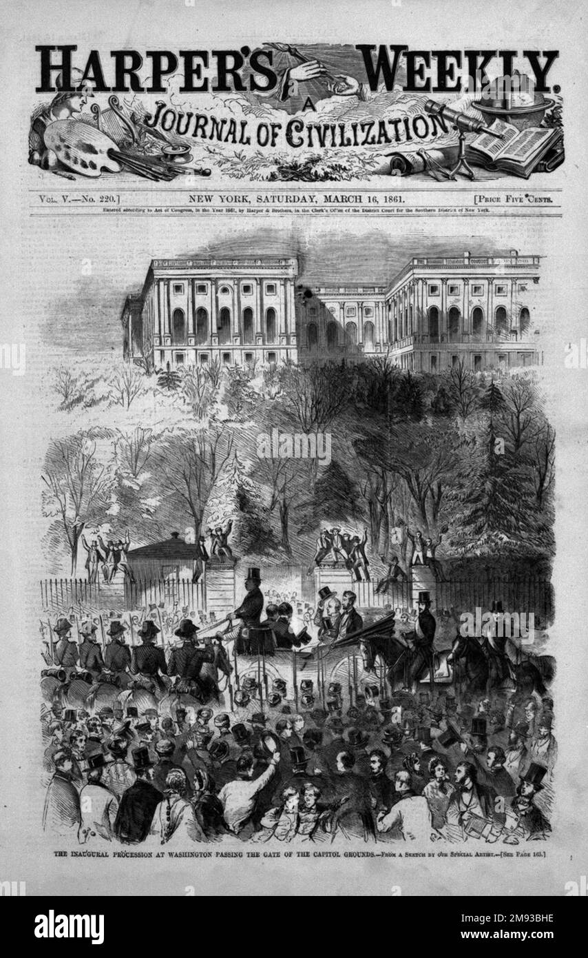 La procession inaugurale à Washington passant la porte du parc du Capitole Winslow Homer (américain, 1836-1910). La procession inaugurale à Washington passant par la porte du Capitole, 1861. Gravure en bois, image : 11 x 9 1/8 po. (27,9 x 23,2 cm). Abraham Lincoln a été inauguré sur 4 mars 1861. Le cortège, qui devait commencer à 9 heures du matin, ne s’est pas lancé plus tard parce que, comme l’indique l’article de Harper, le président Buchanan était « toujours au Sénat au Capitole pour signer des projets de loi. Ce n'est pas jusqu'à dix minutes après douze qu'il a quitté le Capitole. [Il] se rend à [Hote] de Willard Banque D'Images