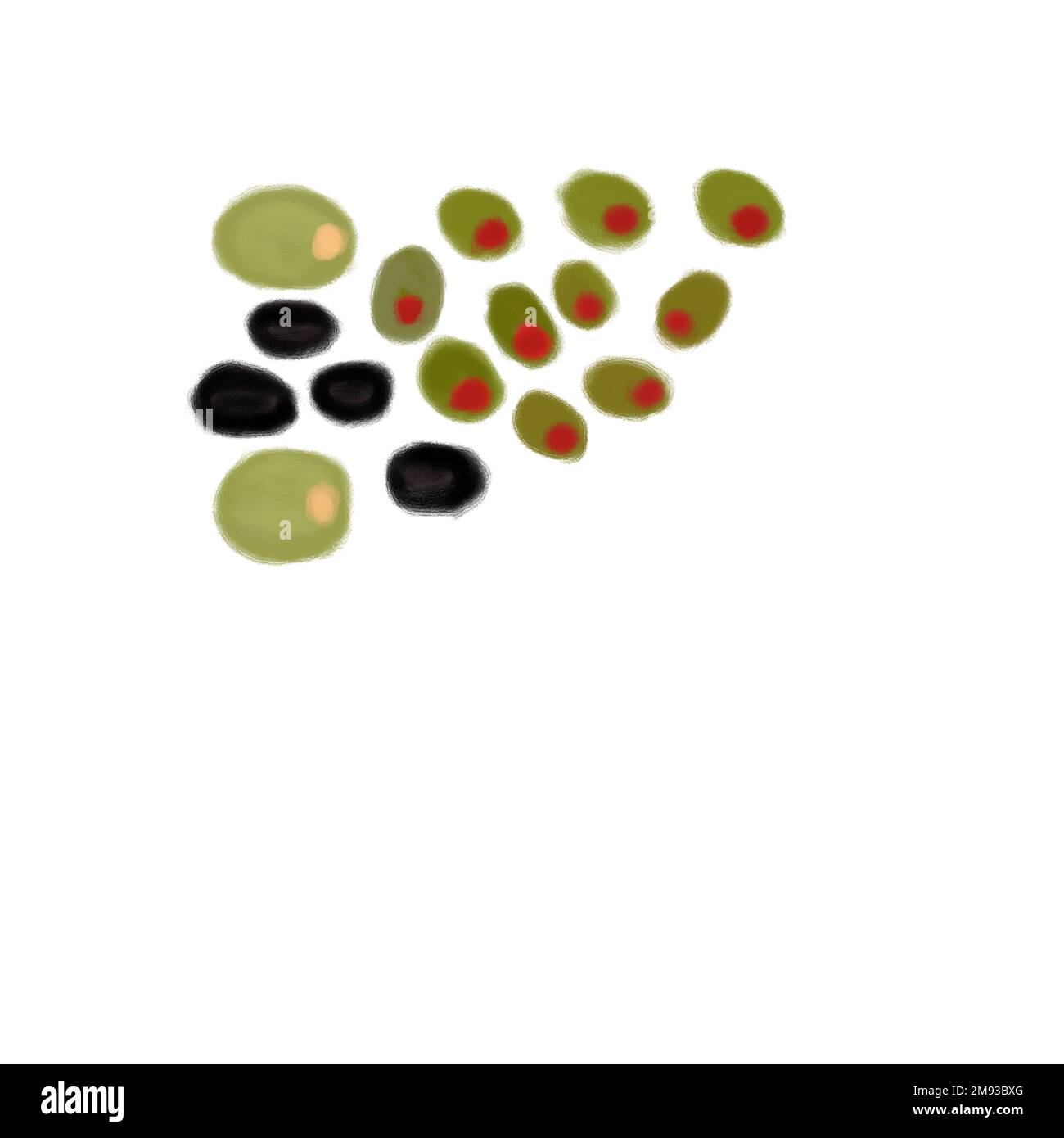 Olives illustrées de différents types sur un fond blanc Uni, propices à une utilisation pour les couches ou les clips, ou comme élément de collage ou espace de copie Banque D'Images