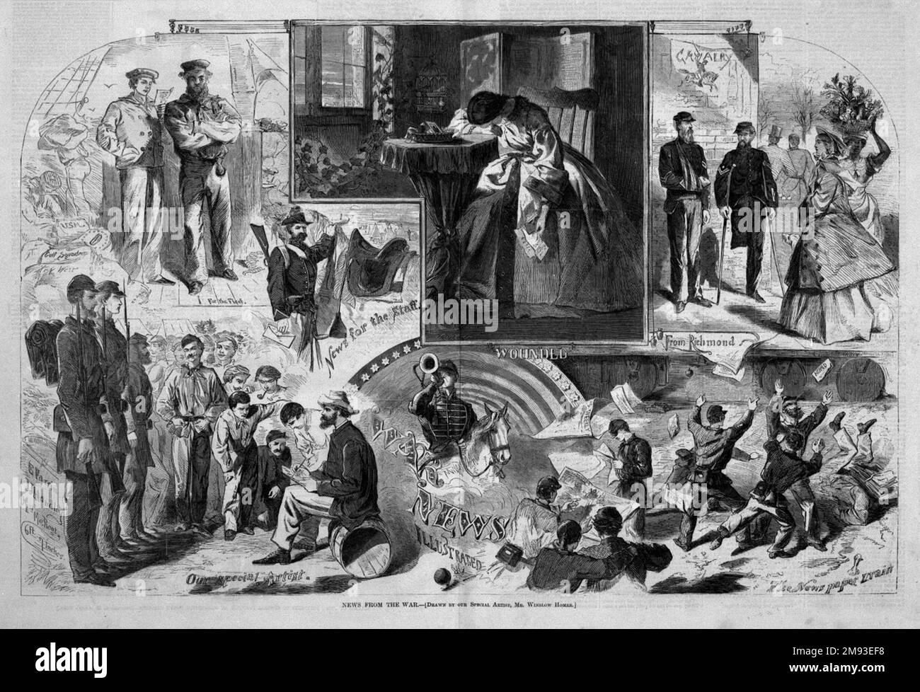Nouvelles de The War Winslow Homer (américain, 1836-1910). , 1862. Gravure en bois, image : 13 3/8 x 20 3/8 po. (34 x 51,8 cm). Cette image composite montre comment les informations se sont rendues du champ de bataille au front de la maison au moyen de journaux, de croquis et de lettres personnelles. Au milieu de la commotion, l'image fixe d'une femme en deuil au centre supérieur exige notre attention. La légende sous cette sombre vignette est « blessée », communiquant à la fois sa douleur et celle de son soldat bien-aimé. L’art et la littérature populaires reconnaissaient la correspondance entre les souffrances des femmes et des hommes pendant la guerre. AR. Américaine Banque D'Images