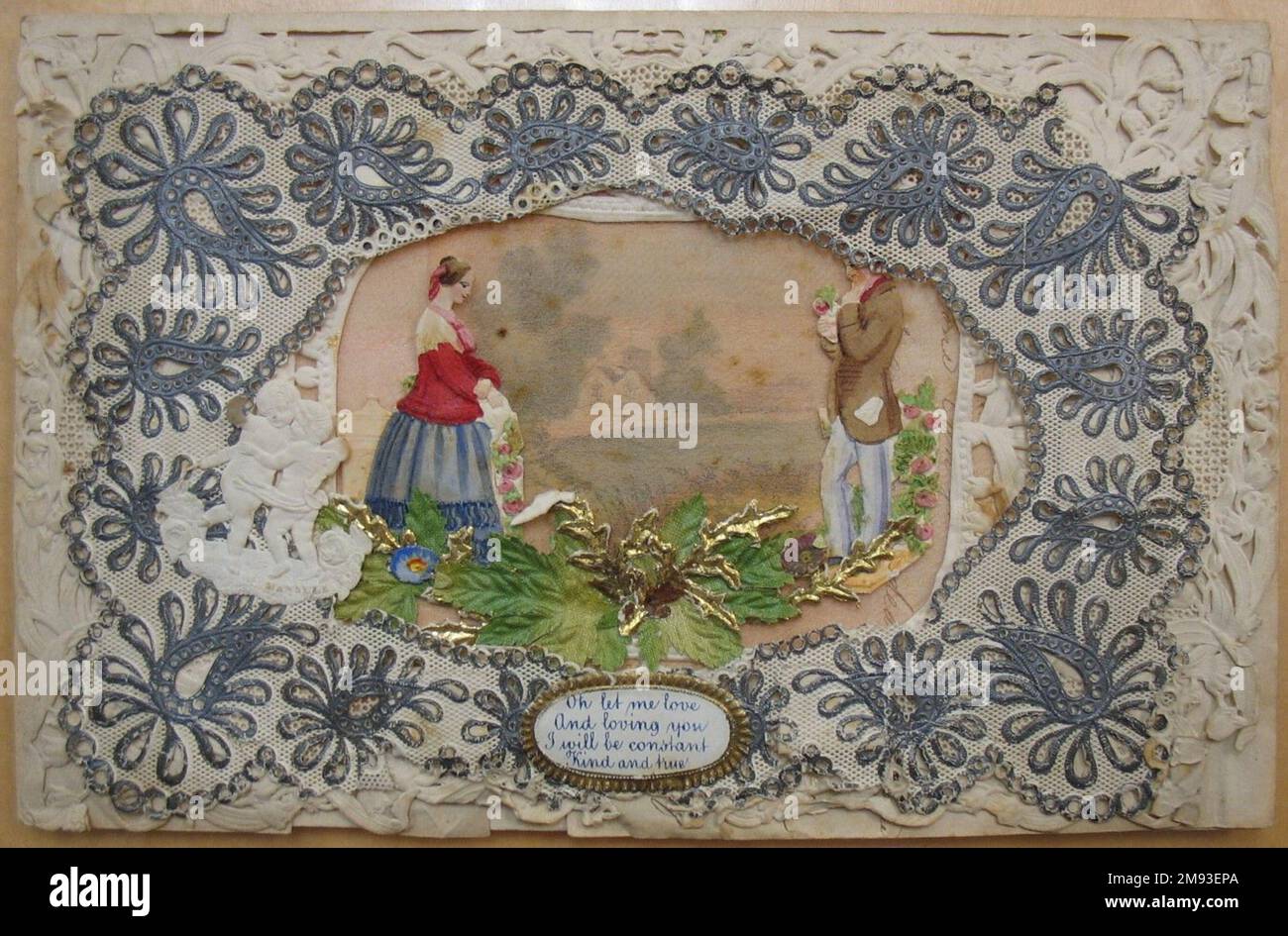 Carte de Saint-Valentin inconnue. , ca. 1830-1835. Collage de papier et de tissu avec inscriptions imprimées et à l'encre, plié : 4 7/8 x 7 5/8 po. (12,4 x 19,4 cm). Art américain ca. 1830-1835 Banque D'Images