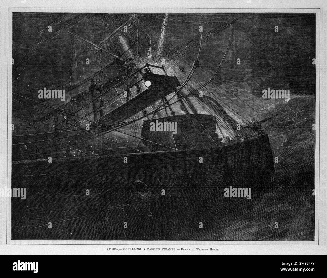 À la mer,--signalisation d'un passage Steamer Winslow Homer (américain, 1836-1910). , 1871. Gravure en bois, image : 9 1/4 x 12 1/8 po. (23,5 x 30,8 cm). Les voyages internationaux sont devenus relativement courants dans les années qui ont suivi la guerre civile, lorsque des navires à vapeur transportait des touristes et des artistes américains de l'autre côté de l'Atlantique. Ces navires ont également livré des milliers d'immigrants européens dans les villes portuaires des États-Unis. Ici Homer a enregistré le passage de deux steamers au milieu de l'océan, décrit dans le texte: Passer un navire en mer est toujours un incident passionnant; l'étrange navire, que vous avez Banque D'Images