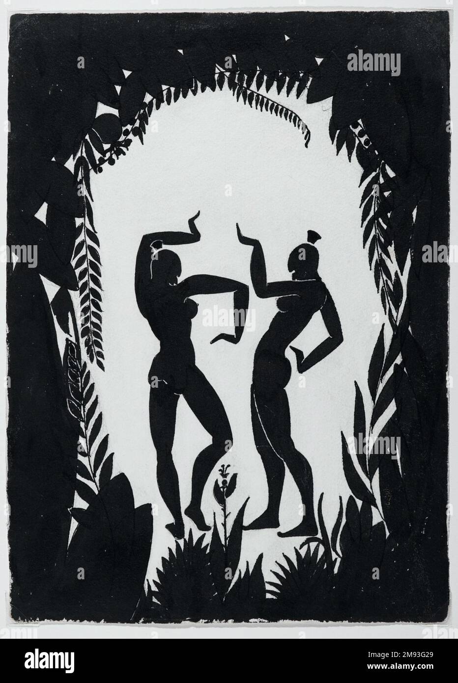 Figurines dansantes Richard Bruce Nugent (américain, 1906-1987). , ca. 1935. Encre noire et graphite sur papier vélin crème modérément épais, modérément texturé, 14 3/4 x 10 1/2 po. (37,5 x 26,7 cm). Danseur et écrivain lui-même, Richard Bruce Nugent avait une profonde affinité pour les possibilités expressives du corps humain en mouvement. Dans cette image frappante, il dépeint les danseurs et les plantes comme des formes plates et stylisées, rendues en silhouettes noires. Au milieu de l'année 1920s, plusieurs artistes de la Renaissance de Harlem ont adopté une esthétique de silhouette Art Déco tout en évoquant un passé mythologique africain. Comme suggéré dans a Banque D'Images