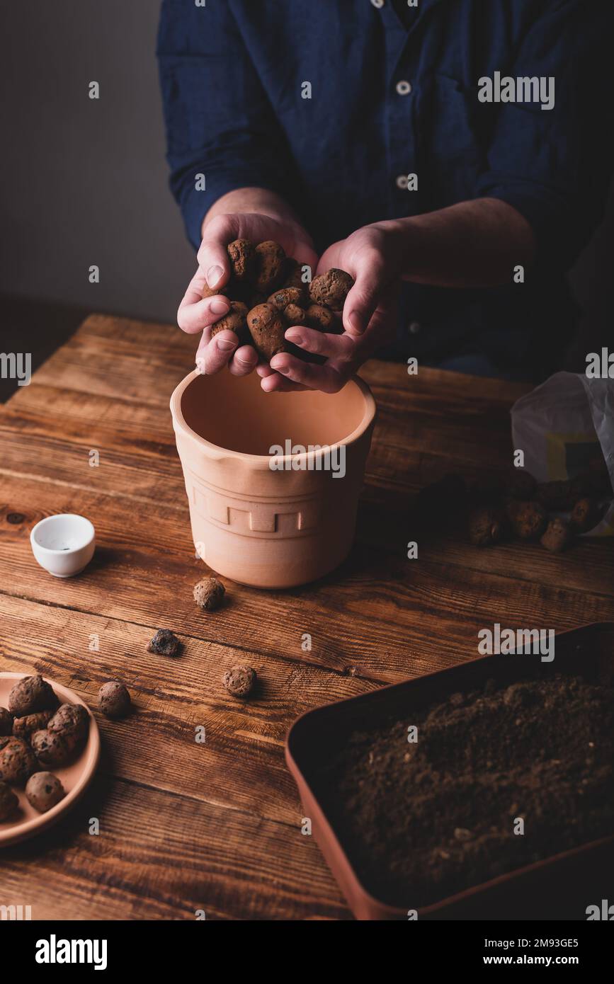 Homme mettant des galets d'argile sur le fond du pot en terre cuite pour plante semée Banque D'Images