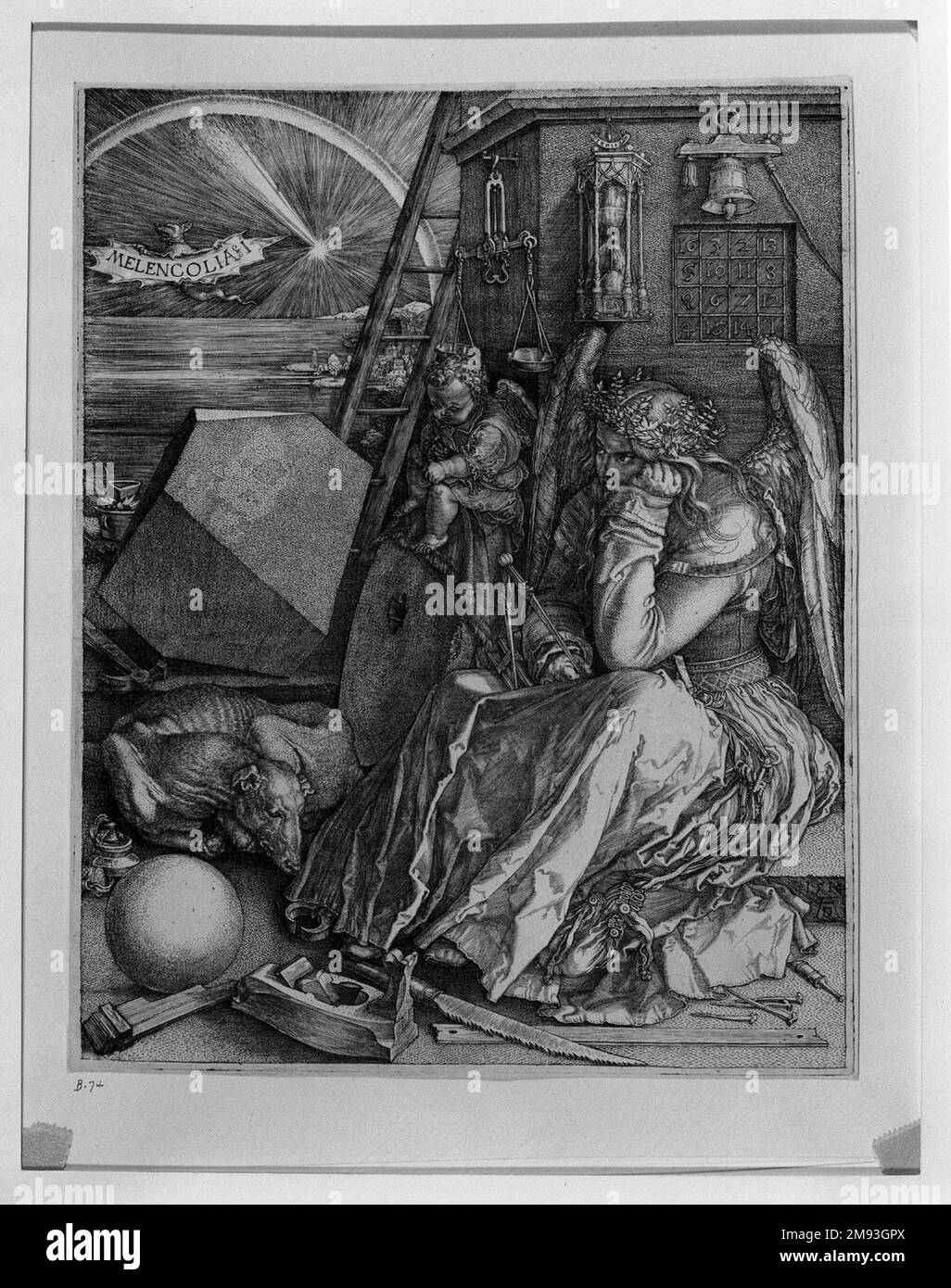 Melencolia i Albrecht Dürer (allemand, 1471-1528). Melencolia I, 1514. Gravure sur papier couté, image : 9 3/8 × 7 1/4 po. (23,8 × 18,4 cm). Les érudits ont longtemps été aux prises avec le sens de cette gravure complexe remplie d'objets et de figures mystérieux. Une figure à ailes couvrante domine la composition. Il y a un livre fermé sur ses genoux et elle tient un compas, ou compas. Elle est entourée d’autres objets qui reflètent l’intérêt profond d’Albrecht Dürer pour la géométrie, la proportion, le calcul et la mesure, comme une échelle, un sablier, une cloche, un graphique numérique et un tableau avec des nombres. A p Banque D'Images