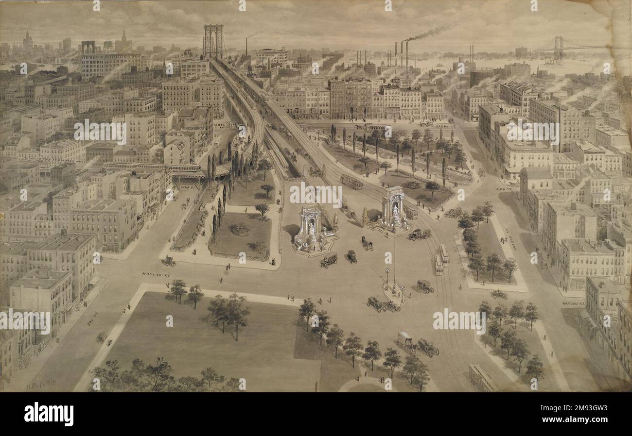 Brooklyn Plaza of the Manhattan Bridge Harry M. Pettit (américain, 1867-1941). Brooklyn Plaza of the Manhattan Bridge, Californie 1917. Encre de l'Inde et lavage touché avec blanc opaque, image: 33 1/4 x 53 5/8 po. (84,5 x 136,2 cm). Art américain ca. 1917 Banque D'Images