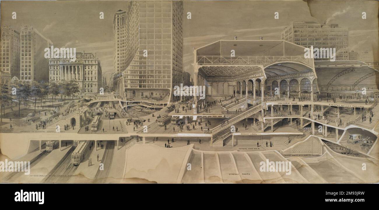 Vue en coupe montrant les installations de circulation au pont de Brooklyn en liaison avec le terminal proposé de Manhattan ... Harry M. Pettit (américain, 1867-1941). , ca. 1912. Encre de l'Inde et lavage touché avec blanc opaque, image: 26 1/4 x 54 3/4 po. (66,7 x 139 cm). Art américain ca. 1912 Banque D'Images