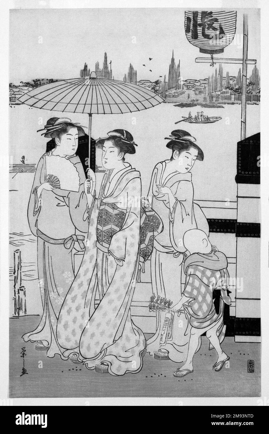 Trois femmes et un garçon le long de la rivière Sumida Eishi Chobunsai (japonais, 1756-1829). Trois femmes et un garçon le long de la rivière Sumida, 1788-1789. Impression couleur sur bois sur papier, 15 1/4 x 9 7/8 cm (38,7 x 25,1 cm). Art asiatique 1788-1789 Banque D'Images