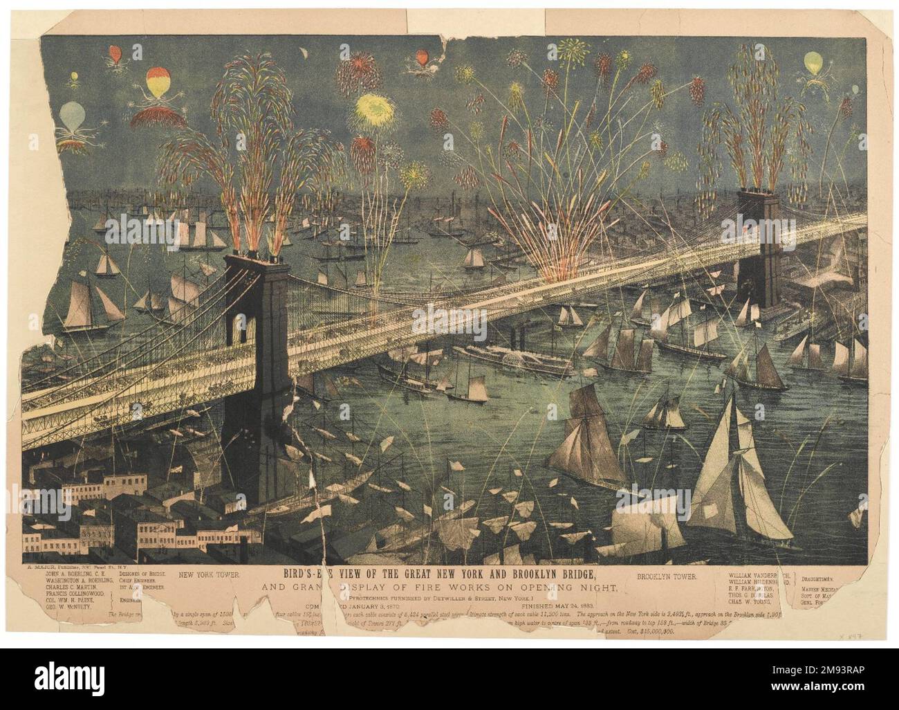 Vue plongeante sur le Great New York et le pont de Brooklyn et grand affichage de Fire Works sur la nuit d'ouverture américaine. , 1883. Lithographie sur papier, feuille : 18 1/8 x 25 1/2 po. (46 x 64,8 cm). Art américain 1883 Banque D'Images