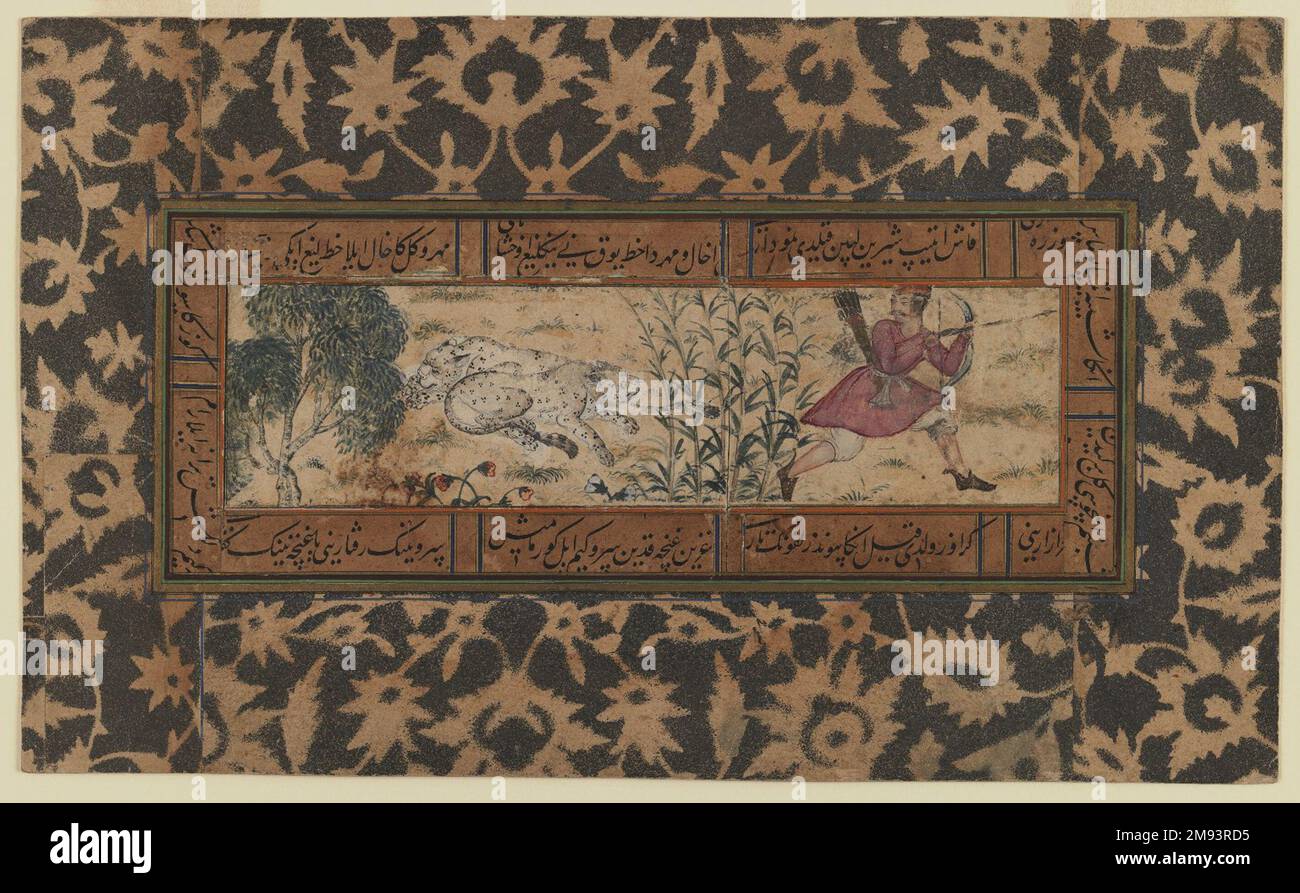 Hunter et deux Cheetahs Indian. Hunter et deux Cheetahs, 1565-1570. Aquarelle opaque sur papier, feuille : 6 9/16 x 10 7/8 po. (16,7 x 27,6 cm). Art asiatique 1565-1570 Banque D'Images