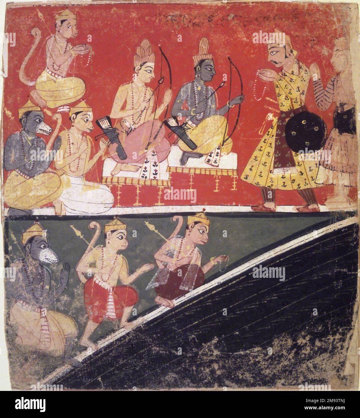 Rama et Lakshmana reçoivent des envoyés, page d'un Indien dispersé de la série Ramayana. Rama et Lakshmana reçoivent des envoyés, page d'une série de Ramayana dispersée, vers. 1634. Aquarelle opaque sur papier, 6 7/8 x 6 1/4in. (17,5 x 15,9cm). Art asiatique ca. 1634 Banque D'Images