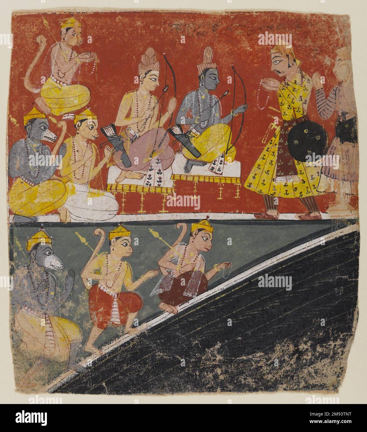 Rama et Lakshmana reçoivent des envoyés, page d'un Indien dispersé de la série Ramayana. Rama et Lakshmana reçoivent des envoyés, page d'une série de Ramayana dispersée, vers. 1634. Aquarelle opaque sur papier, 6 7/8 x 6 1/4in. (17,5 x 15,9cm). Art asiatique ca. 1634 Banque D'Images