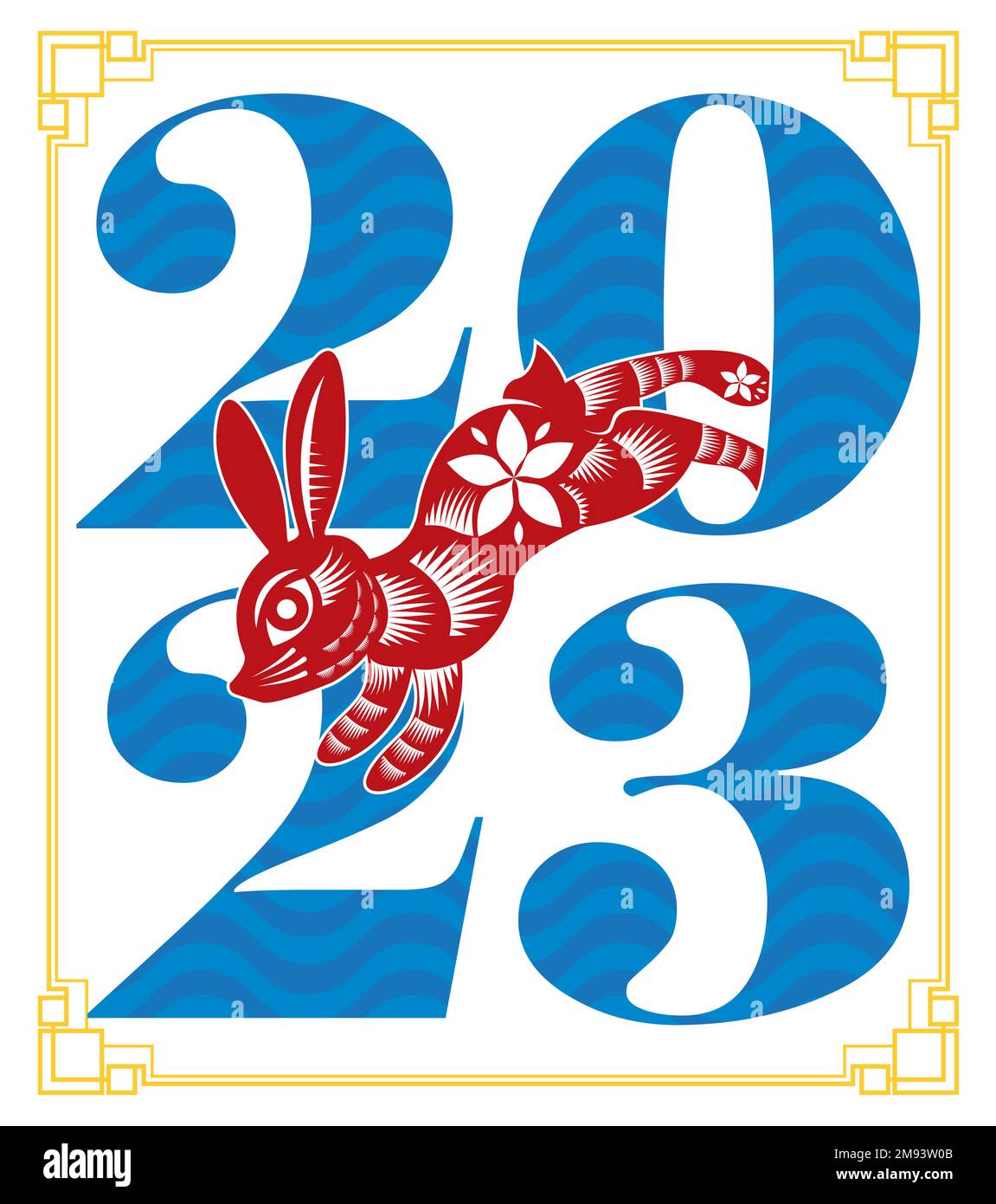 2023 grands nombres avec le motif de vague et le lapin rouge sautant entre lui, célébrant le nouvel an chinois de cet animal de zodiaque. Illustration de Vecteur