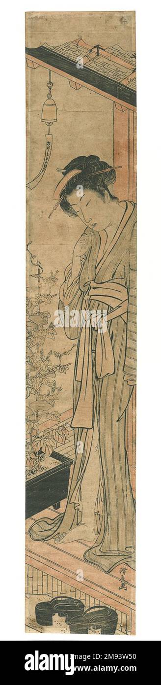 Courtesan sur Veranda avec Morning Glories Torii Kiyonaga (japonais, 1752-1815). , vers 1783. Imprimé blocs de bois, Hashira-e (imprimé pilier), 26 7/16 x 4 11/16 po (67,2 x 11,9 cm). Art asiatique vers 1783 Banque D'Images