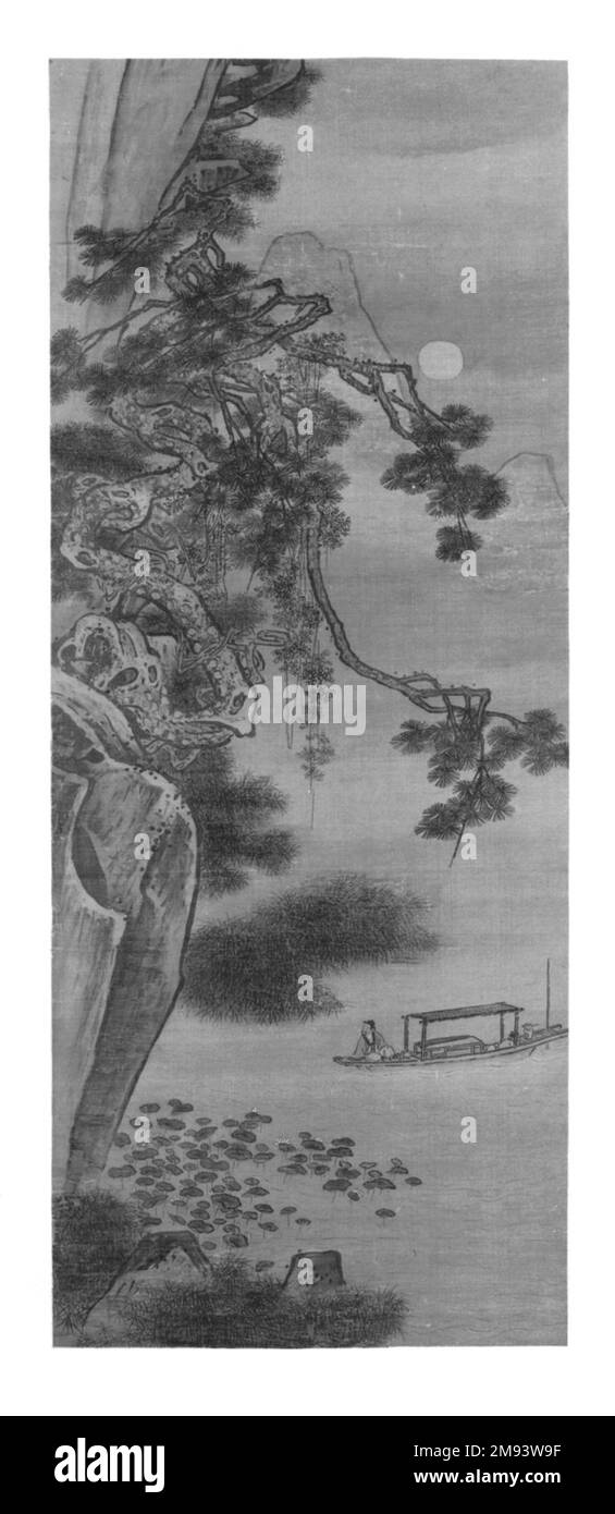 L'érudit Boating by Moonlight , 18th siècle. Encre, couleur et soie, hors tout : 80 5/8 x 26 5/8 po, 29 7/8 avec rouleaux. Art asiatique 18th siècle Banque D'Images