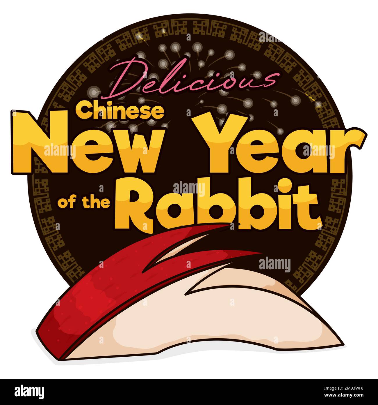 Tranche de pomme comme un lapin sur bouton rond avec feu d'artifice et accueil, célébrant un délicieux nouvel an chinois du lapin. Illustration de Vecteur