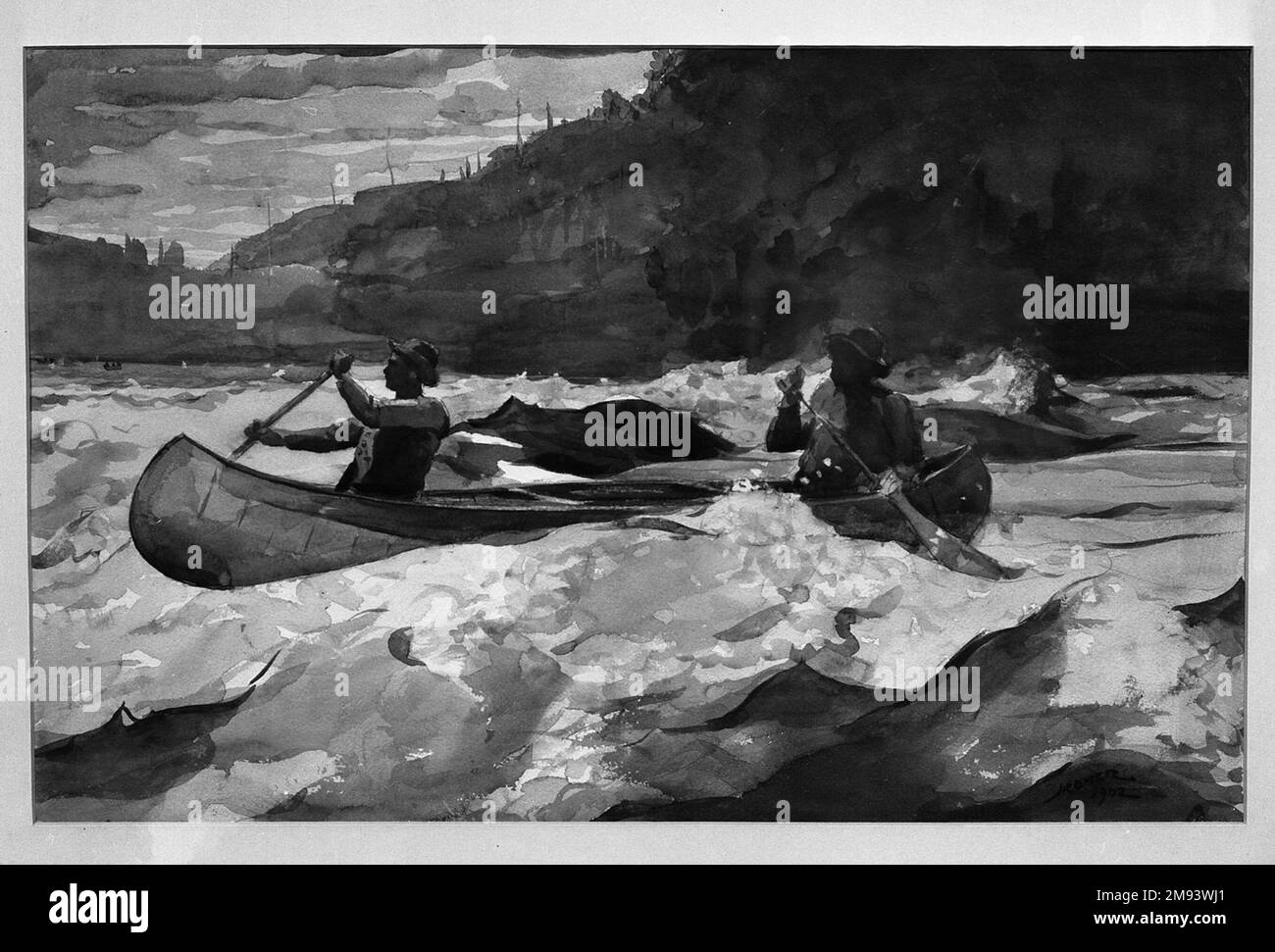 Shooting the Rapids Winslow Homer (américain, 1836-1910). Shooting the Rapids, 1902. Aquarelle sur graphite sur papier vélin blanc cassé, épais et modérément texturé avec filigrane, 13 15/16 x 21 13/16 po. (35,4 x 55,4 cm). Art américain 1902 Banque D'Images