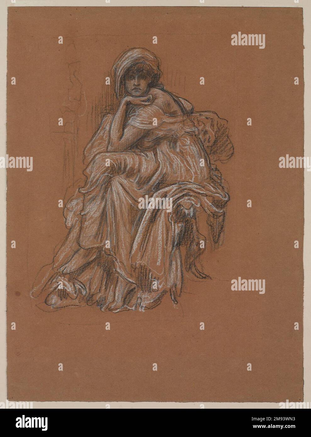 Etude pour la peinture 'Sybil' Lord Frederick Leighton (britannique, 1830-1896). Etude pour la peinture 'Sybil.'. Charbon de bois et craie sur papier vélin, feuille : 14 9/16 x 10 7/8 po. (37 x 27,6 cm). La formation universitaire de Frédéric Leighton lui a enseigné à préparer de nombreuses études de figure et de draperies pour ses peintures. Ce dessin d'une femme rodée classique est une étude pour une grande peinture à l'huile, Sybil, qu'il expose en 1889. Sa pose rappelle la figure d'Albrecht Dürer à Melencolia, tandis que sa présence sculpturale reflète la dette de Leighton envers les figures monumentales de Michel-Ange. Par le 1880 Banque D'Images