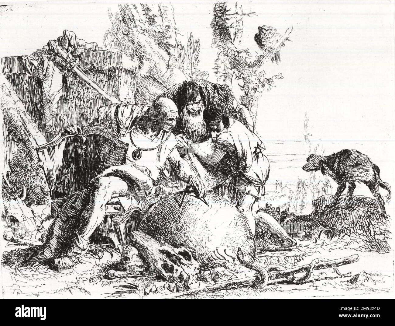 Deux magiciens avec un enfant Giovanni Battista Tiepolo (italien, vénitien, 1696-1770). Gravure sur papier blanc, 5 1/2 x 7 3/8 po. (13,9 x 18,8 cm). Art européen Banque D'Images