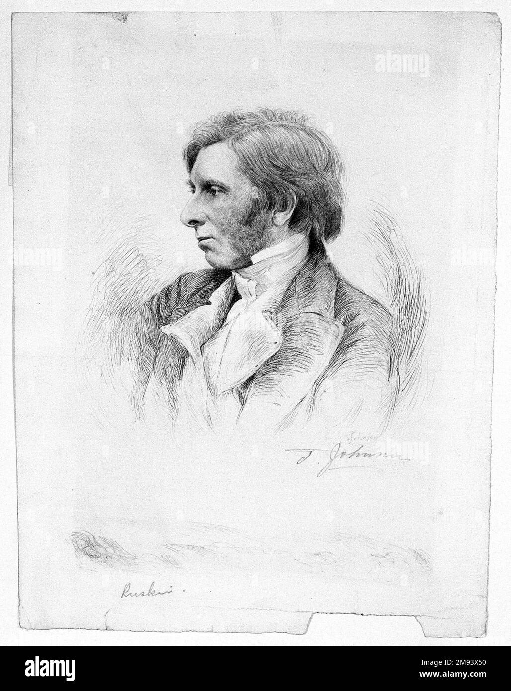 Ruskin Thomas Johnson (américain, né en Angleterre, 1843-1904). Ruskin, 19th siècle. Gravure (point sec) sur papier coupied de couleur crème, 12 3/8 x 9 7/16 po. (31,5 x 24 cm). Art américain 19th siècle Banque D'Images