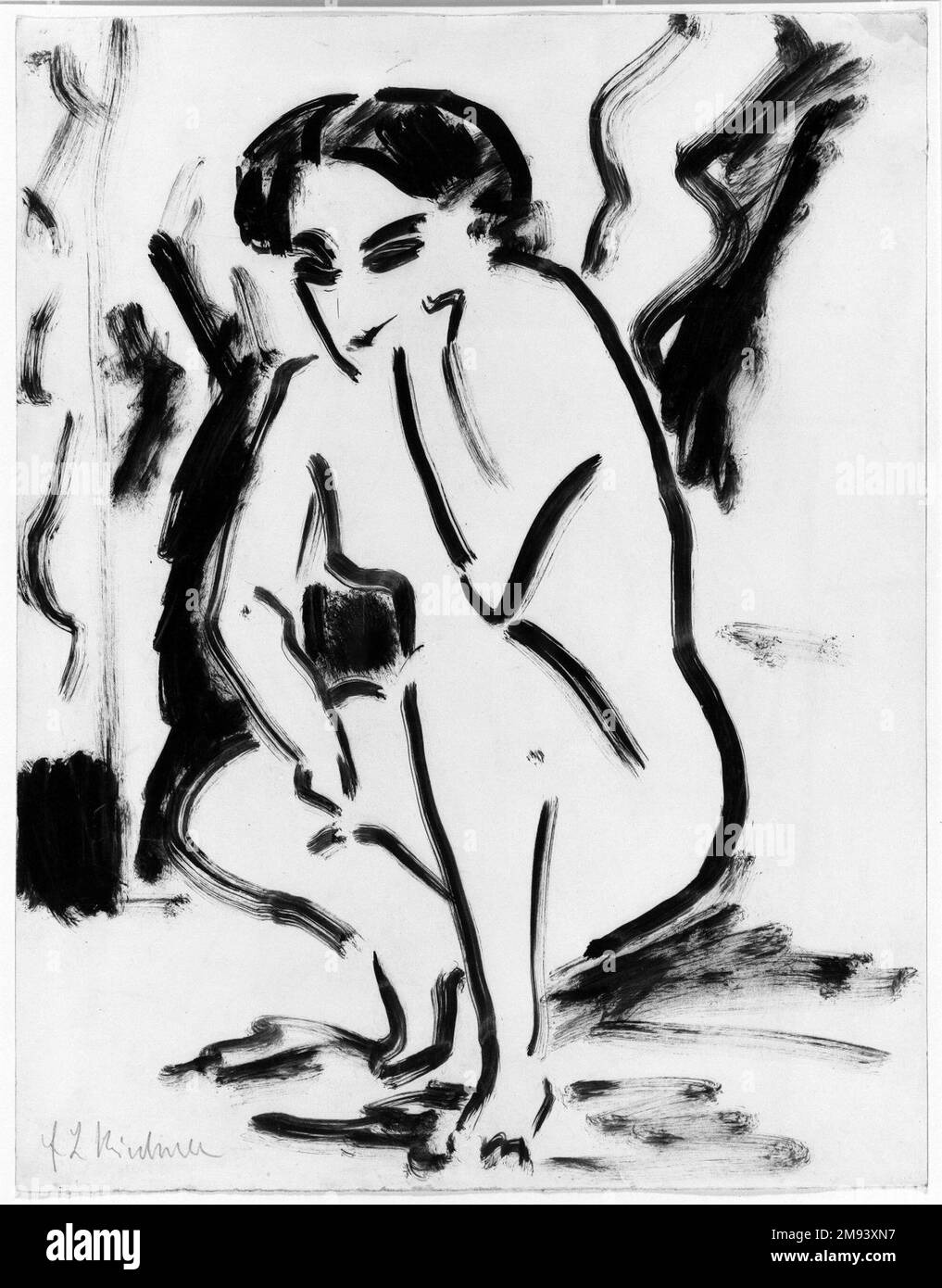 Kauerndes Weib Ernst Ludwig Kirchner (allemand, 1880-1938). , ca. 1909. Dessin au stylo et au pinceau sur papier vélin, 17 11/16 x 13 3/4 po. (45 x 35 cm). Art européen ca. 1909 Banque D'Images