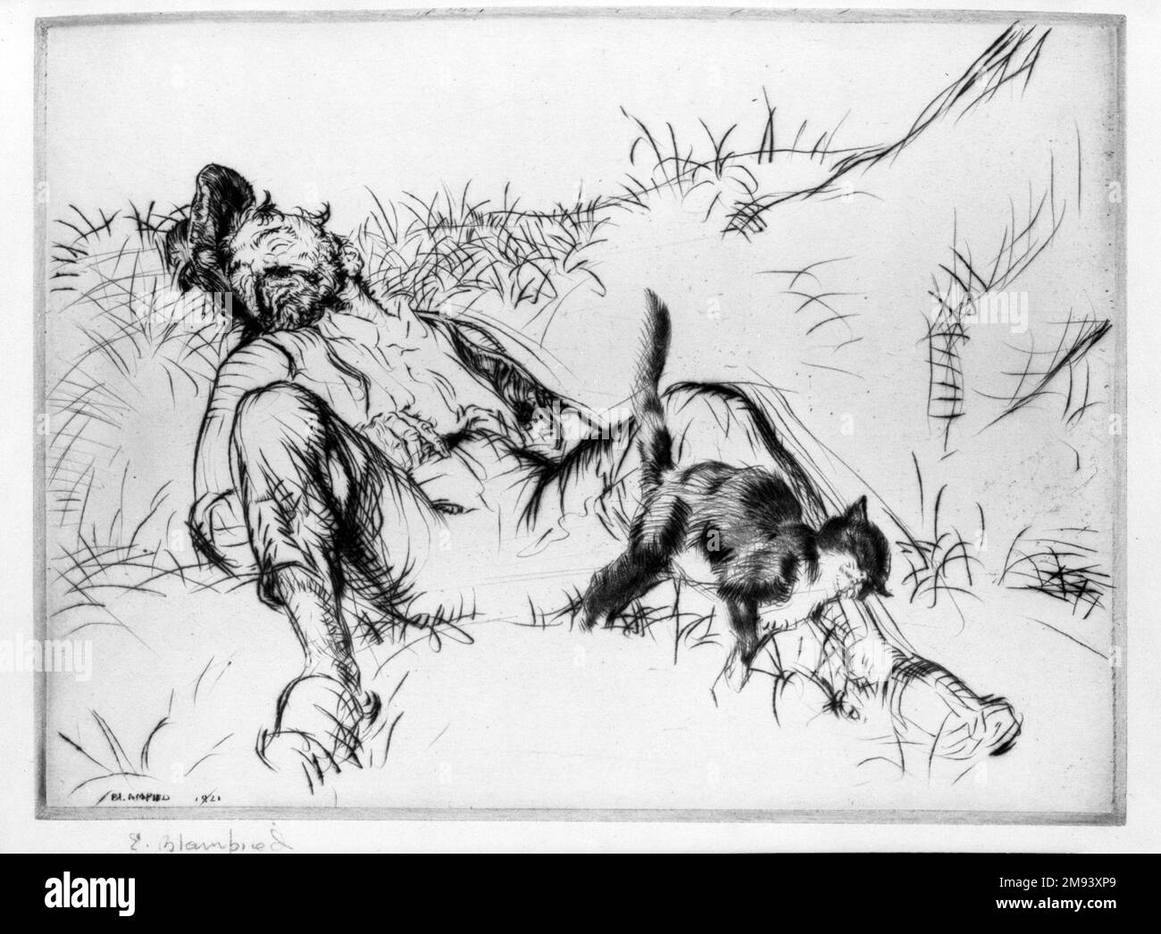 Purring and Snoring Edmund Blampied (britannique, 1886-1966). , 1921. Drypoint sur papier vélin, feuille : 7 x 9 3/8 po. (17,8 x 23,8 cm). Art européen 1921 Banque D'Images