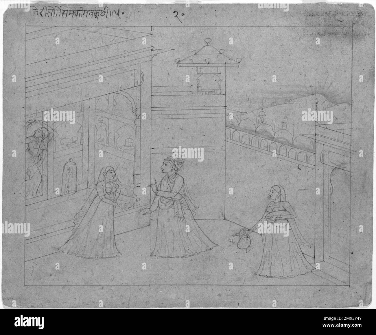 Amoureux se parant à Dawn Indian. Amoureux de la voile à Dawn, CA. 1800. Encre sur papier, feuille : 4 1/4 x 5 1/2 po. (10,8 x 14,0 cm). Art asiatique ca. 1800 Banque D'Images