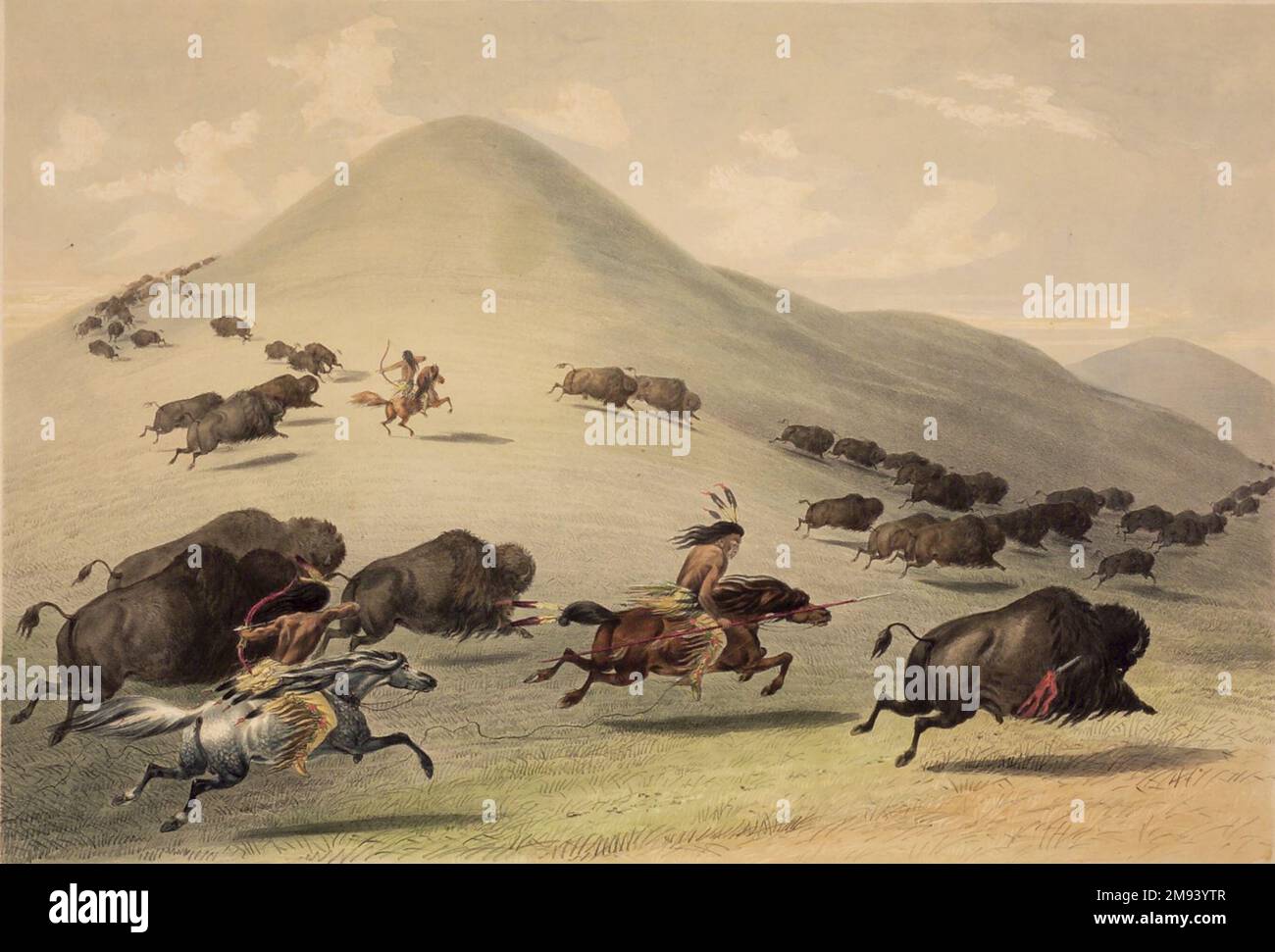 Buffalo Hunt Chase George Catlin (américain, 1796-1872). Buffalo Hunt Chase. Lithographie sur papier de vélin crème, feuille : 16 1/16 x 21 3/8 po. (40,8 x 54,3 cm). Art américain Banque D'Images