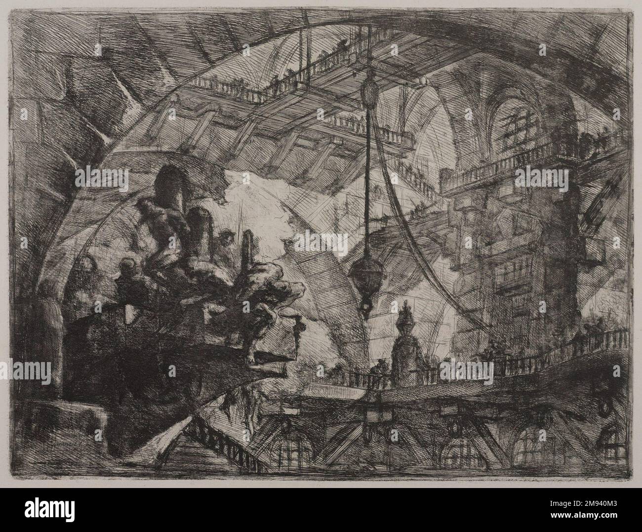 Invenzioni Capric di Carceri; Hind 10, premier État de trois Giovanni Battista Piranesi (italien, vénitien, 1720-1778). Invenzioni Capric di Carceri; Hind 10, premier État de trois, ca. 1749. Gravure sur papier déposé, 16 1/4 x 21 5/16 po. (41,2 x 54,2 cm). Vers 1749–50 Giovanni Battista Piranesi publie une série ambitieuse de quatorze grands gravures connues sous le nom de prisons imaginaires. Ces plaques représentent de vastes espaces labyrinthiques, enfermés par des voûtes et des arches, traversés par des escaliers apparemment sans fin, et remplis de crochets, de chaînes et de cordes qui suggèrent des machines de torture. Les énormes chambres dw Banque D'Images