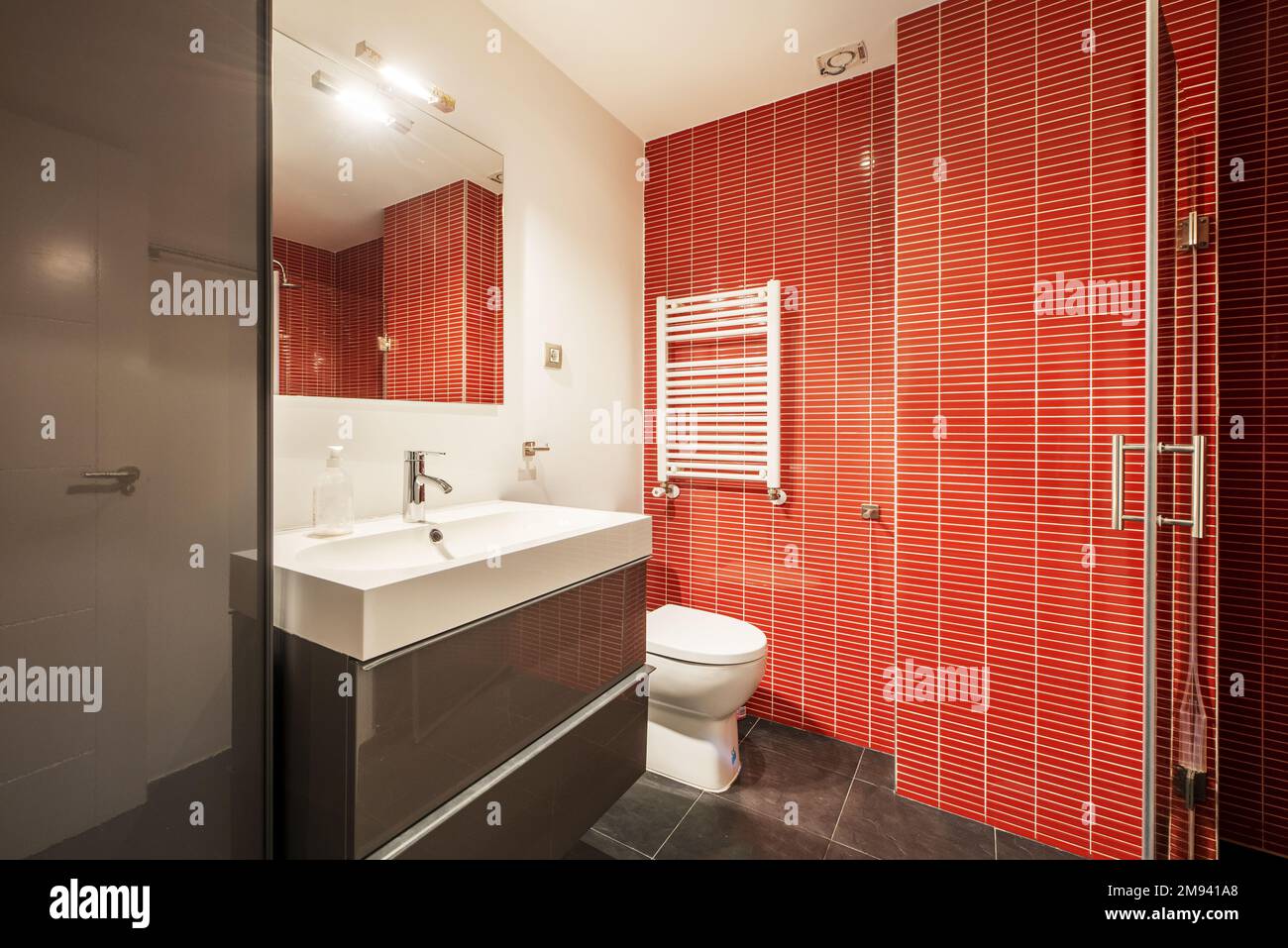 toilettes carrelées de rouge sur plusieurs murs avec meuble de salle de bains gris brillant, miroir sans cadre sur le mur et porte-serviette radiateur blanc sur le mur Banque D'Images