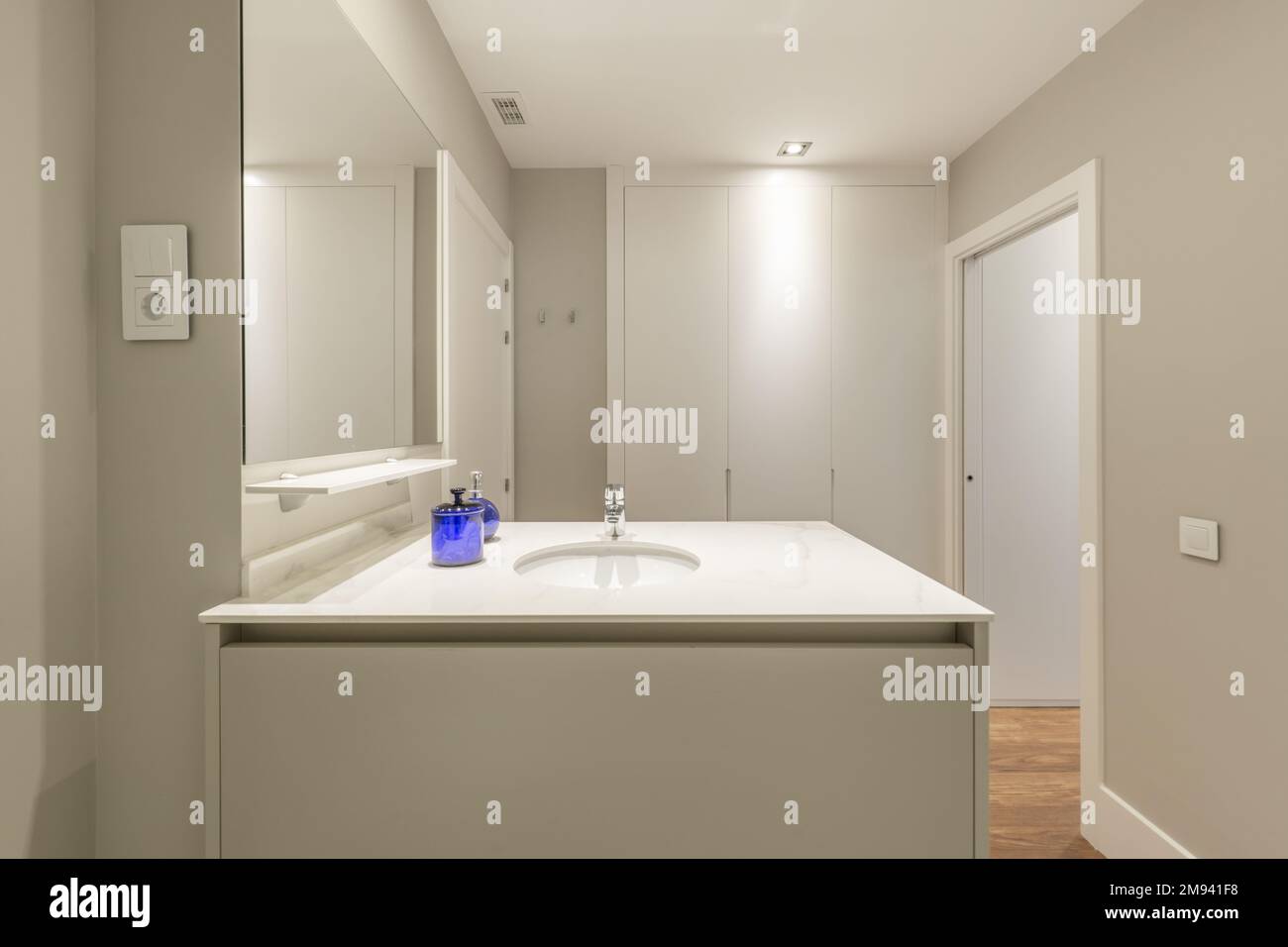Salle de bains design avec lavabo en marbre central et armoires intégrées avec portes grises Banque D'Images